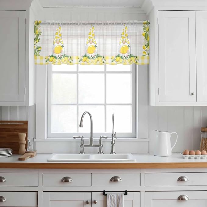 Lemon Dwarfs Sheer Valance Curtains, Gnome Green Leaf Wood Striped Yellow Plaid Light Filtering Kitchen Valances Rod Pocket Voile Curtain Window Treatment for Bedroom/Living Room/Basement 42Wx18L