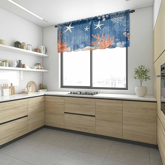 Ocean Corals Sheer Valance Curtains, Summer Beach Coral Sea Stars Dark Blue Light Filtering Kitchen Valances Rod Pocket Voile Curtain Window Treatment for Bedroom/Living Room/Basement 42Wx12L