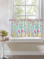 Happy Easter Half Window Curtains 24 Inches Long, Spring Bunny Eggs Flower Teal Wood Grain Window Treatment Curtain Drapes, Short Curtains Tiers for Kitchen Over Sink, 27.5"x24", 2 Panels