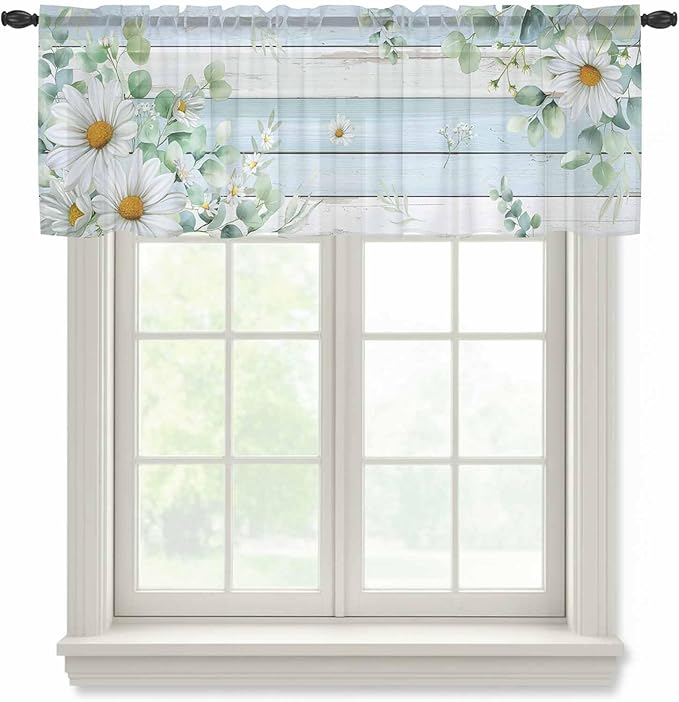 Daisy Eucalyptus Leaves Sheer Valance Curtains, Blue Wood Grain Spring Countryside Light Filtering Kitchen Valances Rod Pocket Voile Curtain Window Treatment for Bedroom/Living Room/Basement 60Wx18L