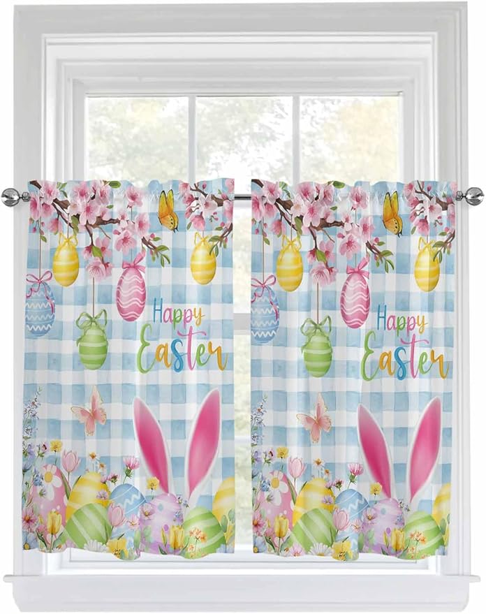 Happy Easter Tier Curtains 45 Inches Long, Spring Watercolor Bunny Eggs Flower Blue Plaid Window Treatment Curtain Drapes, Small Curtain Drapes for Bathroom Laundry Room, 27.5"x45", 2 Panels