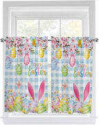 Happy Easter Tier Curtains 45 Inches Long, Spring Watercolor Bunny Eggs Flower Blue Plaid Window Treatment Curtain Drapes, Small Curtain Drapes for Bathroom Laundry Room, 27.5"x45", 2 Panels