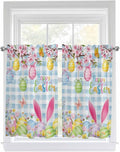 Happy Easter Tier Curtains 45 Inches Long, Spring Watercolor Bunny Eggs Flower Blue Plaid Window Treatment Curtain Drapes, Window Half Privacy Curtains for Bedroom Bathroom, 42"x45", 2 Panels