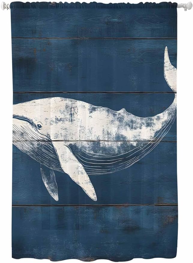 Sheer Curtains 72 Inches Long, Summer Whale Semi Sheer Curtains Light Filtering Window Treatment, Ocean Vintage Wooden Grain Blue Privacy Voile Drapes for Living Room Bedroom 52x72 Inch