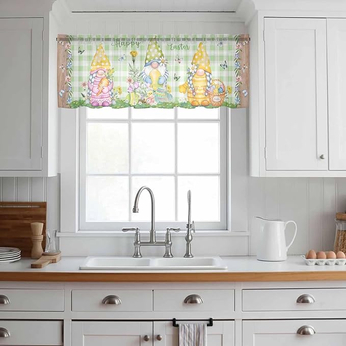 Easter Sheer Valances for Windows 60"x18", Light Filtering Kitchen Curtains Valance, Gnomes Flowers Duck Eggs Green Lattice Wooden Rod Pocket Chiffon Curtains for Living Room Bedroom Cafe