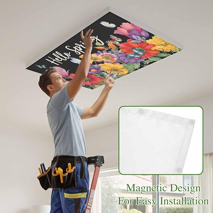 Fluorescent Light Covers for Ceiling Lights Hello Spring Magnetic Light Filters 4 Pack 4x2 ft Butterfly Colorful Spring Floral Ceiling Lights Cover for Classroom Office School Home Drop Lamp Decor