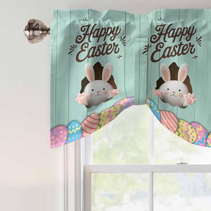 Green Easter Tie Up Valance Curtains for Windows, Kitchen Curtains Window Shades, Spring Cartoon Bunny Colorful Eggs Wood Grain Light Filtering Roman Curtain Valances for Bedroom/Bathroom/Cafe 42"x12"