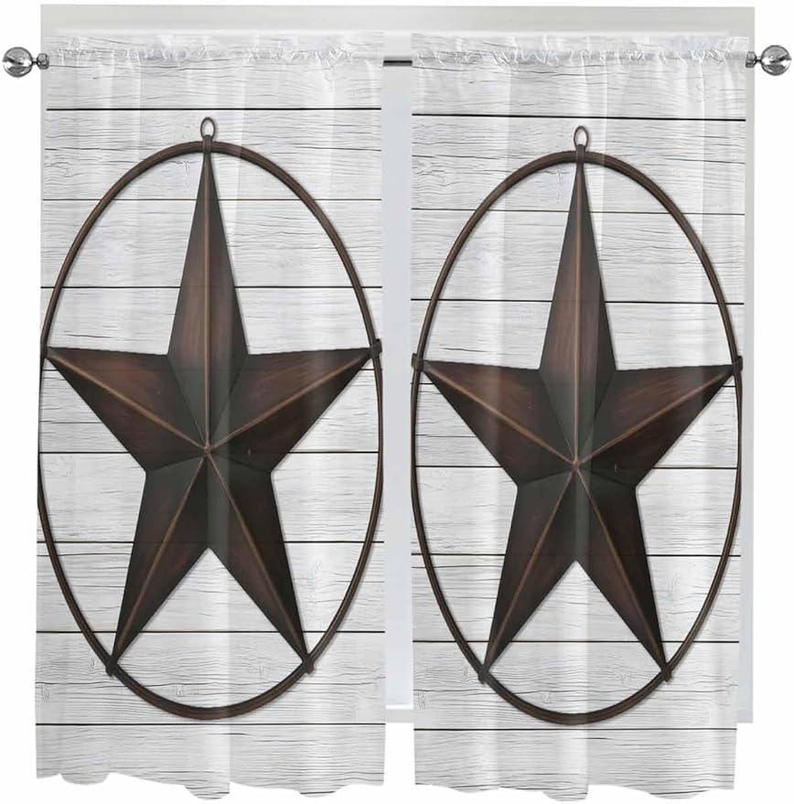 Vintage Farm Western Star Window Valance Curtains, White Wood Grain Light Filtering Kitchen Valance with 3-inch Rod Pocket for Living Room Bathroom Bedroom,2 Panel,42x63In