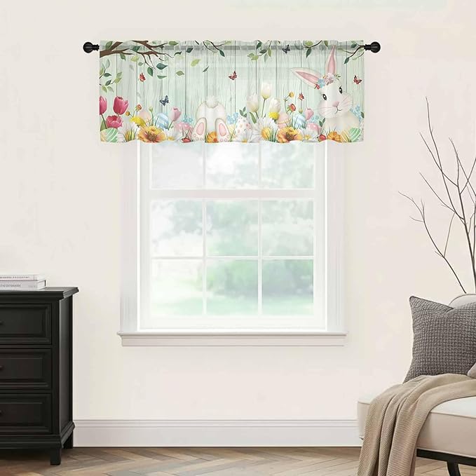 Easter Sheer Valances for Windows 42"x12", Light Filtering Kitchen Curtains Valance, Spring Watercolor Bunny Eggs Tulip Wooden Grain Teal Rod Pocket Chiffon Curtains for Living Room Bedroom Cafe