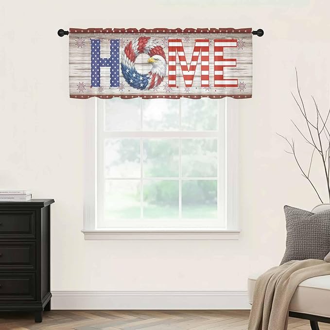 4th of July Sheer Valances for Windows 42"x12", Light Filtering Kitchen Curtains Valance, Stars Striped Farmhouse American Flag Wood Grain Rod Pocket Chiffon Curtains for Living Room Bedroom Cafe