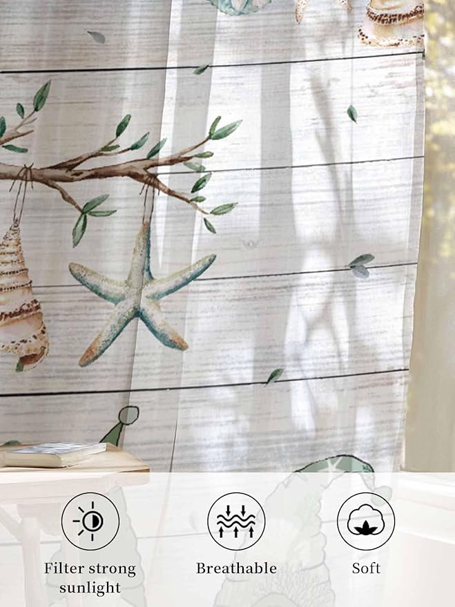 Sheer Curtains 54 Inch Length, Sage Green Gnomes Semi Sheer Curtains Light Filtering Window Treatment, Eucalypus Coastal Anchor Retro Wood Privacy Voile Drapes for Living Room Bedroom 52x54 Inch