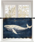 Sheer Curtains 45 Inch Length, Ocean Vintage Whale Semi Sheer Curtains Light Filtering Window Treatment, Summer Retro Wood Grain Privacy Voile Drapes for Living Room Bedroom 52x45 Inch