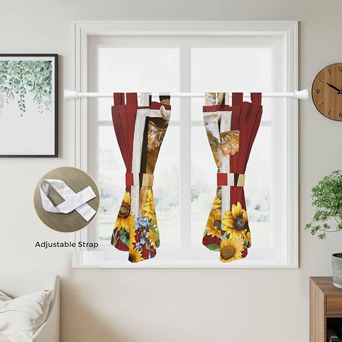 Cows Sunflowers Kitchen Curtains 45 Inch Length, Short Cafe Window Curtains Tab Top, Spring Floral Bees Farmhouse Barn Light Filtering Window Treatments Tier Drapes 27.5"x45" 2 Panel