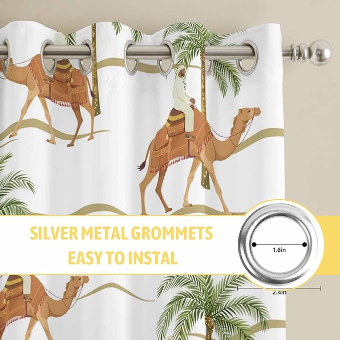 2 Panel Kitchen Cafe Curtains, Desert Camels Sunlight Filtering Nature Air Through, Home Decor Window Covering Tier Curtains for Bedroom Living Room 104W x 63L inch Tropical Date Palm Trees Animal