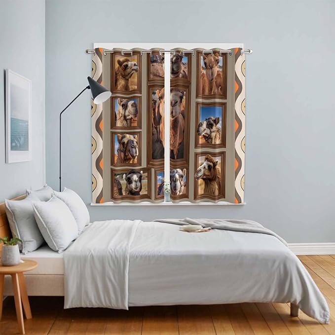 2 Panel Kitchen Cafe Curtains, Desert Camels Sunlight Filtering Nature Air Through, Home Decor Window Covering Tier Curtains for Living Room 104W x 84L inch Western Wildlife Brown Animals Country