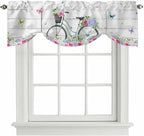 Spring Tie Up Valance Curtains for Windows, Kitchen Curtains Window Shades, Bicycles Botanical Rose Leaves Butterfly Wood Grain Light Filtering Roman Curtain Valances for Bedroom/Bathroom/Cafe 60"x18"