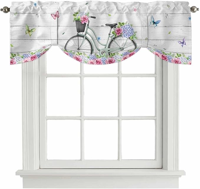 Spring Tie Up Valance Curtains for Windows, Kitchen Curtains Window Shades, Bicycles Botanical Rose Leaves Butterfly Wood Grain Light Filtering Roman Curtain Valances for Bedroom/Bathroom/Cafe 60"x18"