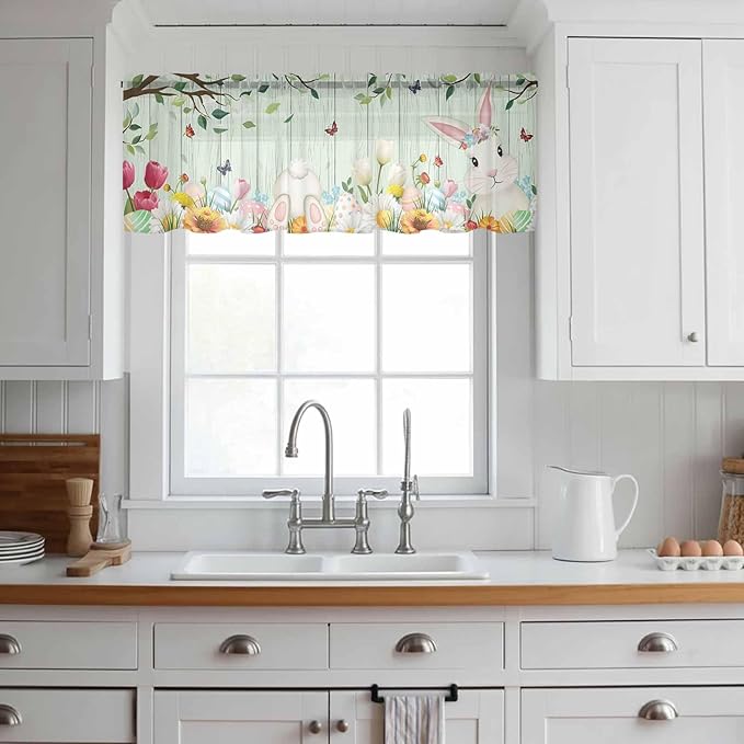 Easter Sheer Valances for Windows 42"x18", Light Filtering Kitchen Curtains Valance, Spring Watercolor Bunny Eggs Tulip Wooden Grain Teal Rod Pocket Chiffon Curtains for Living Room Bedroom Cafe