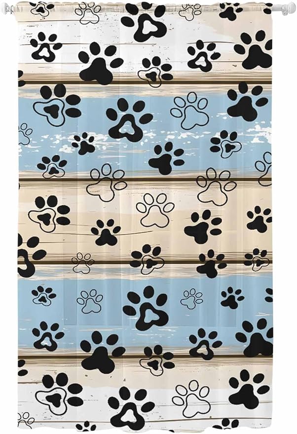 Sheer Curtains 108 Inches Long, Blue Beige Paw Print Semi Sheer Curtains Light Filtering Window Treatment, Vintage Farmhouse Rustic Wooden Grain Privacy Voile Drapes for Living Room 52x108 Inch