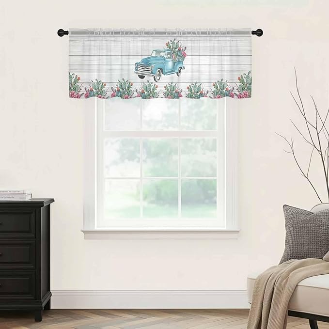 Farmhouse Sheer Valance Curtains, Summer Blue Car with Cactus Succulents Wood Grain Light Filtering Kitchen Valances Rod Pocket Voile Curtain Window Treatment for Bedroom/Living Room/Basement 54Wx18L