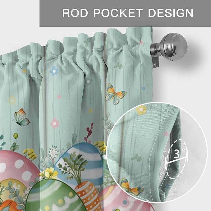 Easter Curtain Valances for Windows, Kitchen Valance Window Treatment, Spring Rabbit Ear Eggs Floral Green Wooden Grain Light Filtering Block Curtains for Bathroom/Bedroom/Living Room 42'' x 12''