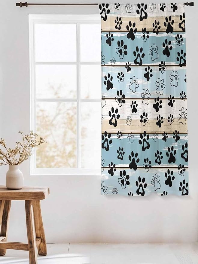 Sheer Curtains 72 Inches Long, Blue Beige Paw Print Semi Sheer Curtains Light Filtering Window Treatment, Vintage Farmhouse Country Wood Grain Privacy Voile Drapes for Living Room Bedroom 52x72 Inch