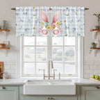 Easter Kitchen Tier Curtains 24 Inch Long 2 Panel Set,Rod Pocket Cafe Small Window Curtains Over Sink,Spring Rabbits Ears Feet Floral Blue Lattice Light Filtering Short Drapes 27.5"W x 24"L