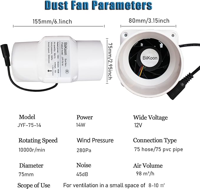 12V Inline Duct Fan 3 Inch Vent Booster 14W HVAC Exhaust Intake Fans 58Cfm Air Ventilation Blower for Grow Tent Attic Greenhouse Basement (Color : Adjustable Speed, Size : 14w)