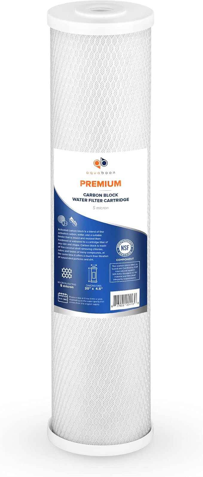 Aquaboon 5 Micron 20 x 4.5 Premium CTO Activated Carbon Water Filter Cartridge Replacement for Whole House Compatible with FC25B, EP-20BB, 2-PACK