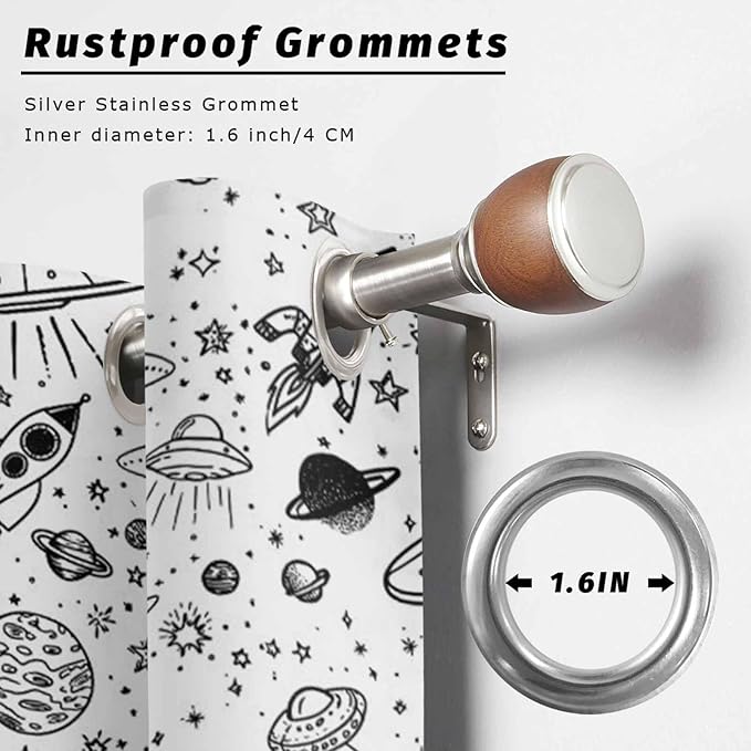 Cartoon Space Outdoor Curtains for Patio Rockets Astronauts Planets Black Waterproof Outside Curtains with Grommet Top Weatherproof Curtain for Cabana Pergola Gazebo, 2 Pack, 54" W x 95" L