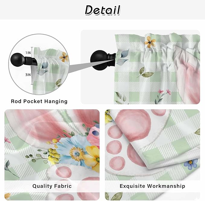 Easter Kitchen Tier Curtains 45 Inch Long 2 Panel Set,Rod Pocket Short Window Treatment,Spring Bunny Ears Feet Flowers Green Plaid Light Filtering Curtains & Drapes for Bathroom Basement 27.5"W x 45"L