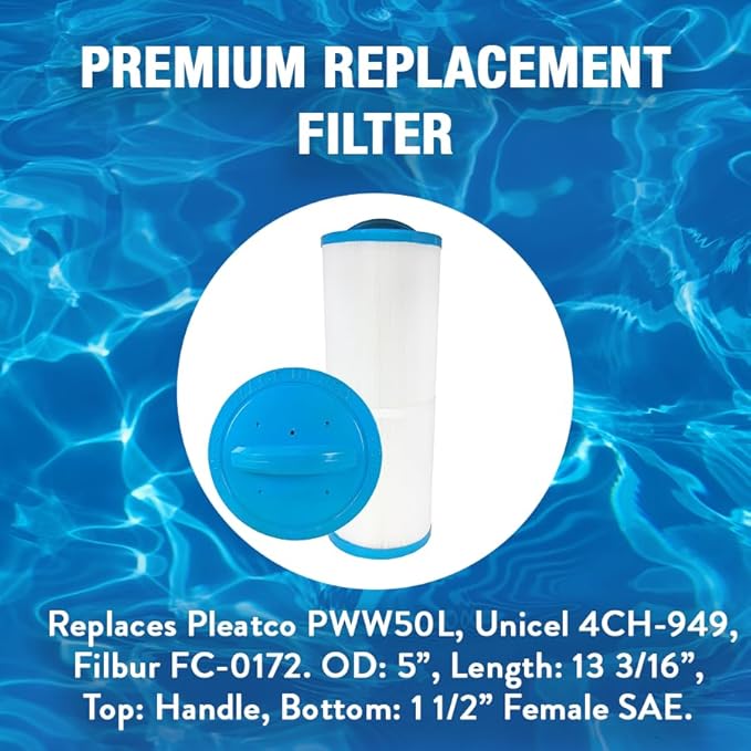 Doheny's PWW50L1 Pool Spa Filter | Filter for Waterway Teleweir 50 | Replace Pleatco PWW50L, Unicel 4CH-949, Filbur FC-0172 | OD: 5”, Length: 13 3/16”, Top: Handle, Bottom: 1.5” Female SAE | 12-Pack