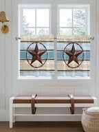Vintage Western Star on Wood Grain Window Valance Curtains, Retro Wooden Texture Light Filtering Kitchen Valance with 3-inch Rod Pocket for Living Room Bathroom Bedroom,2 Panel,27.5x24In