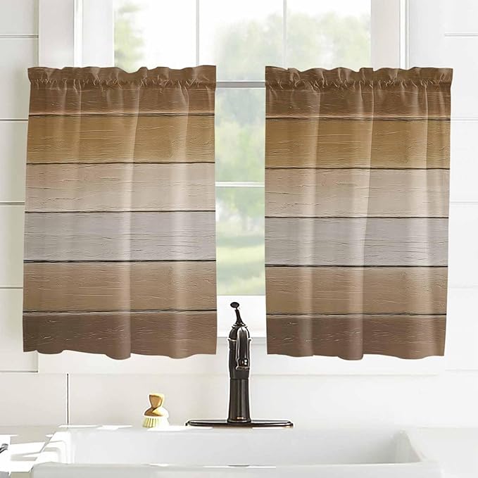 Vintage Brown Gradient Wood Grain Window Valance Curtains, Farmhouse Wood Barn Light Filtering Kitchen Valance with 3-inch Rod Pocket for Living Room Bathroom Bedroom,2 Panel,42x45In