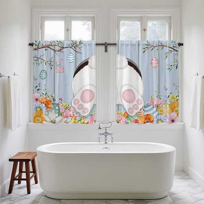 Easter Kitchen Curtains 54 Inch Long 2 Panel Set,Rod Pocket Window Curtains Panels,Spring Watercolor Bunny Eggs Flower Wood Grain Blue Light Filtering Privacy Draperies for Bedroom Laundry 42"W x 54"L