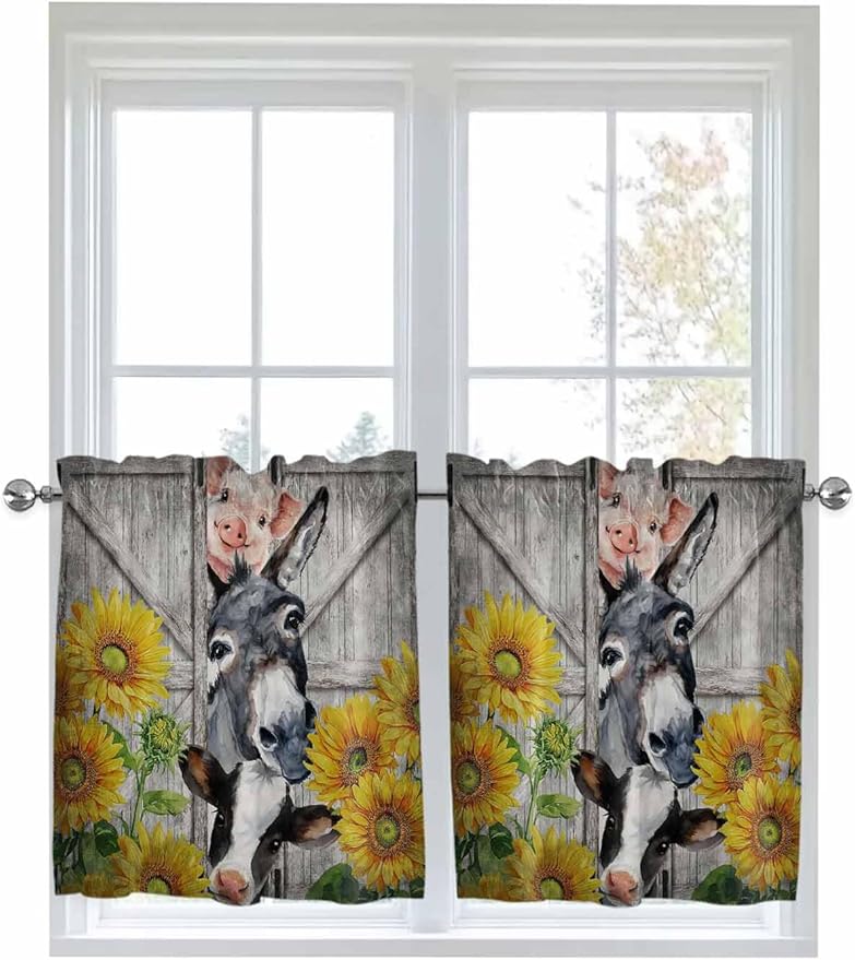 Farmhouse Half Window Curtains 24 Inches Long, Vintage Sunflowers Animals Printed Wood Grain Window Treatment Curtain Drapes, Short Curtains Tiers for Kitchen Over Sink, 27.5"x24", 2 Panels