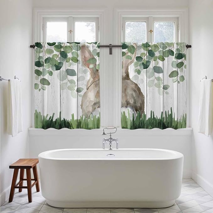 Easter Kitchen Curtains, Country Rabbit Botanical Leaves Wooden Grain Light Filtering Window Curtain Panels, 2Pcs Rod Pocket Window Treatments Set for RV Dining Room Study Room 42x45 Inches