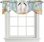 Easter Tie Up Valance Curtains for Windows, Kitchen Curtains Window Shades, Spring Watercolor Bunny Eggs Wood Grain Teal Blue Light Filtering Roman Curtain Valances for Bedroom/Bathroom/Cafe 54"x18"