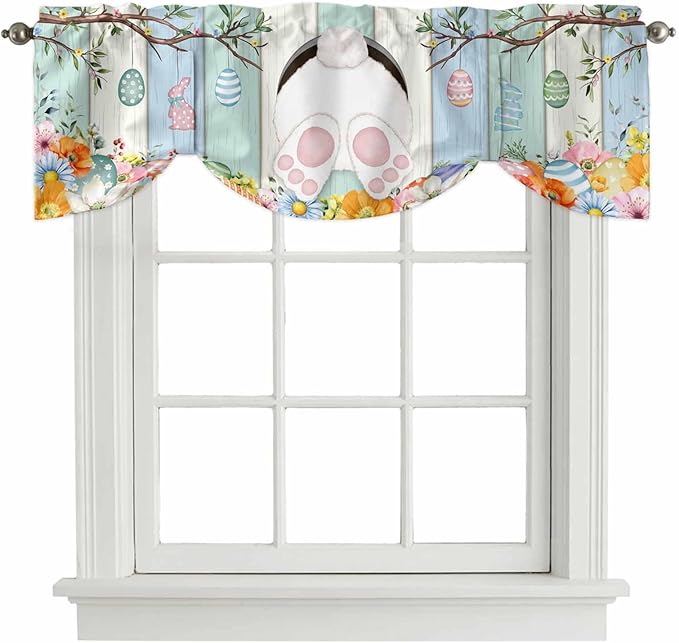 Easter Tie Up Valance Curtains for Windows, Kitchen Curtains Window Shades, Spring Watercolor Bunny Eggs Wood Grain Teal Blue Light Filtering Roman Curtain Valances for Bedroom/Bathroom/Cafe 42"x12"
