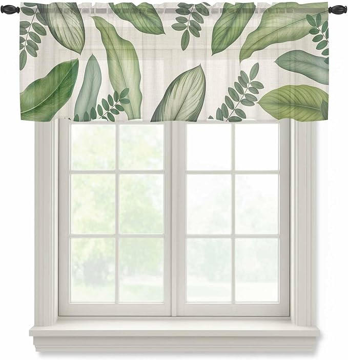 Summer Palm Leaf Sheer Valance Curtains, Green Tropical Plants Nature Leaves Linen Light Filtering Kitchen Valances Rod Pocket Voile Curtain Window Treatment for Bedroom/Living Room/Basement 42Wx12L