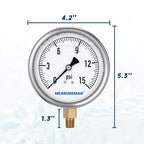 MEASUREMAN Glycerin Filled Plumbing Pressure Gauge 0-15psi Stainless Steel Case, 4" Dial 1/4" NPT Brass Lower Mount, Suitable for Water Systems, Pneumatic Equipment, RVs, Home Plumbing