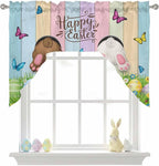Swag Valance Curtains, Happy Easter Rabbit Butt Egg on Daisy Leaf Rod Pocket Valances Swag Topper for Kitchen Windows, Bufferfly on Wood Barn Light Filtering Short Curtain for Bedroom Bathroom 56x36In