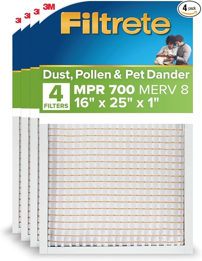 Filtrete 16x25x1 AC Furnace Air Filter, MERV 8, MPR 700, Tough on Pollen, Easy on Airflow, 3-Month Pleated 1-Inch Electrostatic Air Cleaning Filter, 4-Pack (Actual Size 15.69 x 24.69 x 1.56 in)