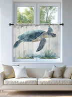 Sheer Curtains 54 Inch Length, Sea Turtle Teal Blue Semi Sheer Curtains Light Filtering Window Treatment, Summer Coastal Ocean Wood Grain Privacy Voile Drapes for Living Room Bedroom 52x54 Inch