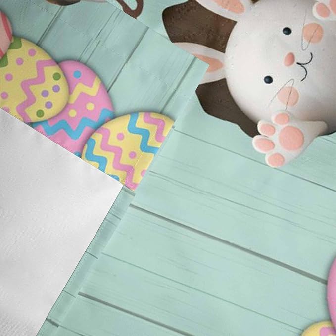 Green Easter Curtain Valances for Windows, Kitchen Valance Window Treatment, Spring Cartoon Bunny Colorful Eggs Wood Grain Light Filtering Block Curtains for Bathroom/Bedroom/Living Room 42'' x 12''