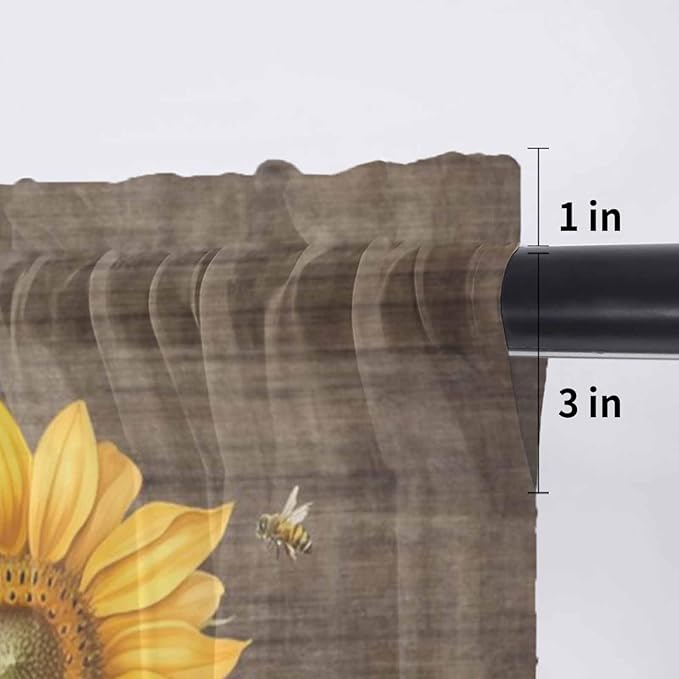 Summer Sunflower Sheer Valance Curtains, Yellow Floral Plants Bees Brown Wood Grain Light Filtering Kitchen Valances Rod Pocket Voile Curtain Window Treatment for Bedroom/Living Room/Basement 54Wx18L