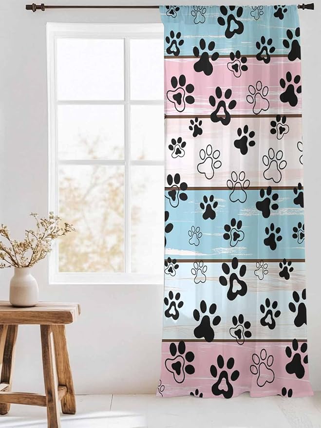 Sheer Curtains 108 Inches Long, Blue Pink Dog Paws Prints Semi Sheer Curtains Light Filtering Window Treatment, Farmhouse Beige Wood Privacy Voile Drapes for Living Room Bedroom 52x108 Inch