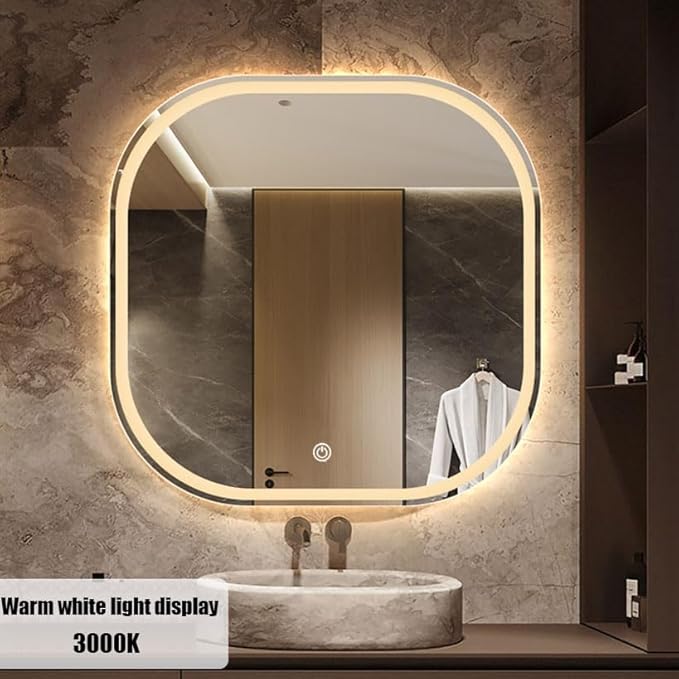 JSLJDM 500X500 mm Illuminated Backlit LED Bathroom Mirror, Wall Mounted Multifunction Bathroom Vanity Mirror with Lights and Demister Pad, Energy-Saving Illuminated Smart Mirror 50cm tricolorlight