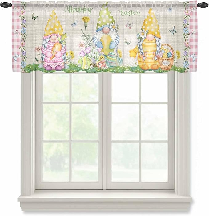 Easter Sheer Valances for Windows 42"x18", Light Filtering Kitchen Curtains Valance, Country Gnomes Duck Floral Eggs Pink Buffalo Check Rod Pocket Chiffon Curtains for Living Room Bedroom Cafe