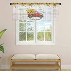 Farmhouses Sunflowers Sheer Valance Curtains, Retro Floral Leaves Red Truck Wood Grain Light Filtering Kitchen Valances Rod Pocket Voile Curtain Treatment for Bedroom/Living Room/Basement 60Wx18L